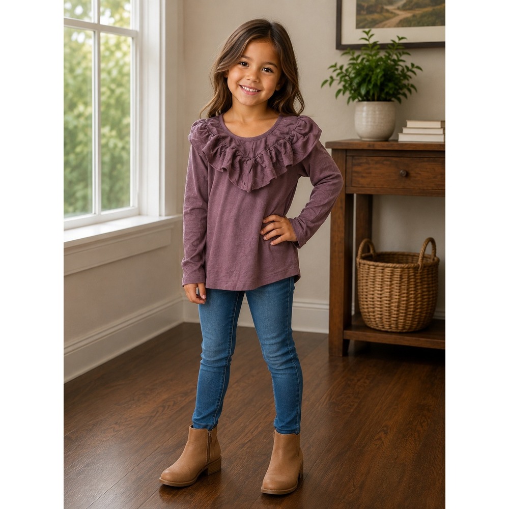 Kate Quinn Girls Purple Ruffle V-Neck Long Sleeve Button Back Modal Top 6Y